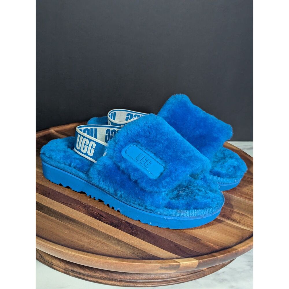 UGG Oh Fluffita Platform Slippers Bright Blue Sheepskin Slide Sandals Sz 1